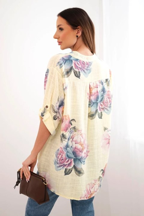 Bluzka damska z bawełny z kwiatowym wzorem żółta