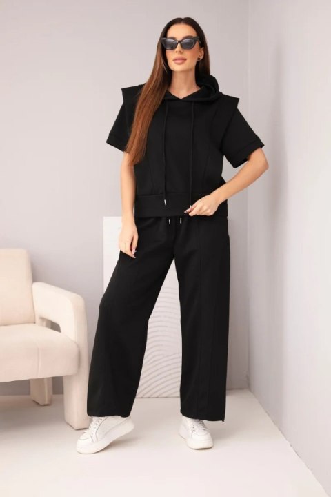 Komplet damski masełkowy bluza z kapturem i luźne spodnie z wiązaniem czarny