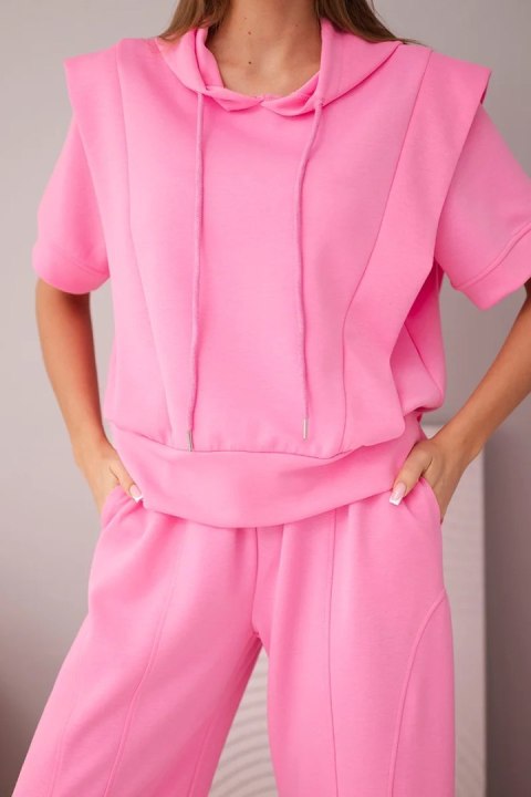 Komplet damski masełkowy bluza z kapturem i luźne spodnie z wiązaniem jasny różowy
