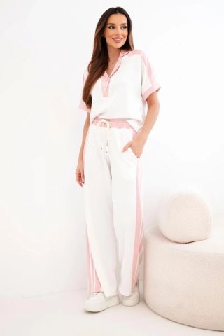 Komplet damski masełkowy z bluzą polo i szerokimi spodniami pudrowy róż
