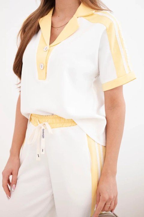 Komplet damski masełkowy z bluzą polo i szerokimi spodniami żółty
