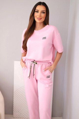 Komplet damski wiskozowy masełko z krótkim rękawem i spodniami z podwijaną nogawką jasny różowy