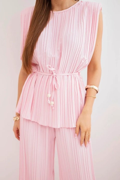 Komplet damski wiskozowy plisowany z wiązaną bluzką i szerokimi spodniami cukierkowy róż
