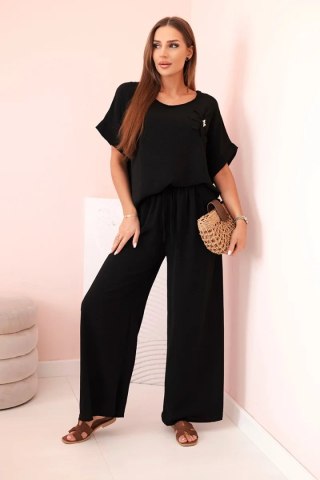 Komplet damski z wiskozy z ozdobnym kwiatem i szerokimi spodniami czarny