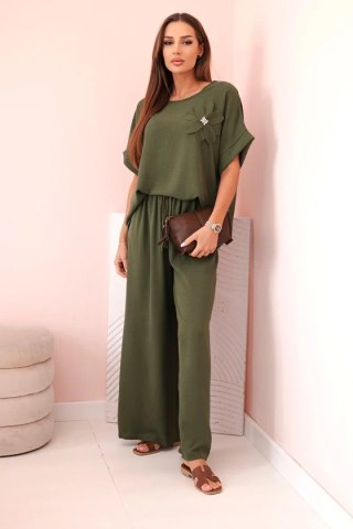 Komplet damski z wiskozy z ozdobnym kwiatem i szerokimi spodniami khaki