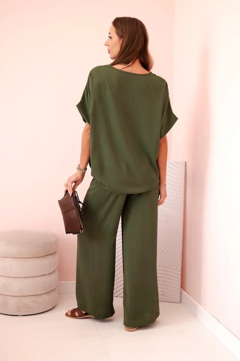 Komplet damski z wiskozy z ozdobnym kwiatem i szerokimi spodniami khaki