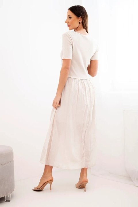 Sukienka damska bawełniana midi z krótkim rękawem i rozkloszowanym dołem beżowa