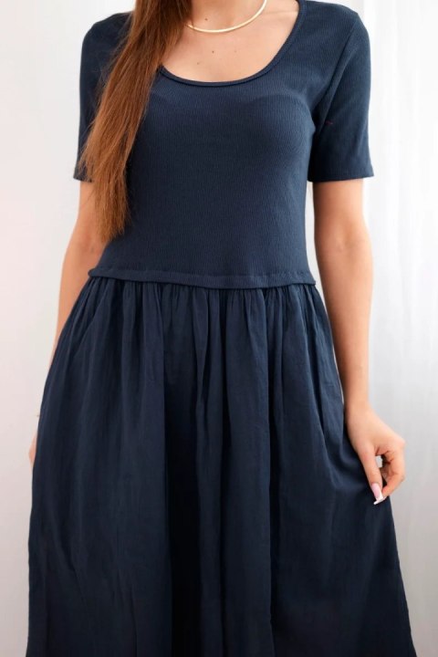 Sukienka damska bawełniana midi z krótkim rękawem i rozkloszowanym dołem granatowa