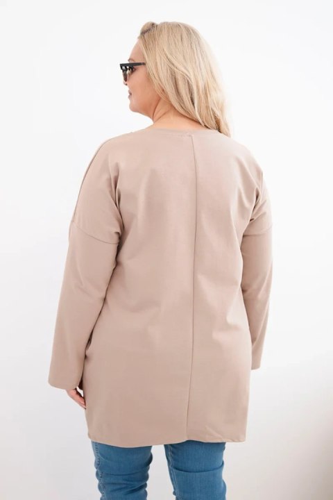 Bluzka damska Plus Size z dłuższym tyłem i długim rękawem camelowa