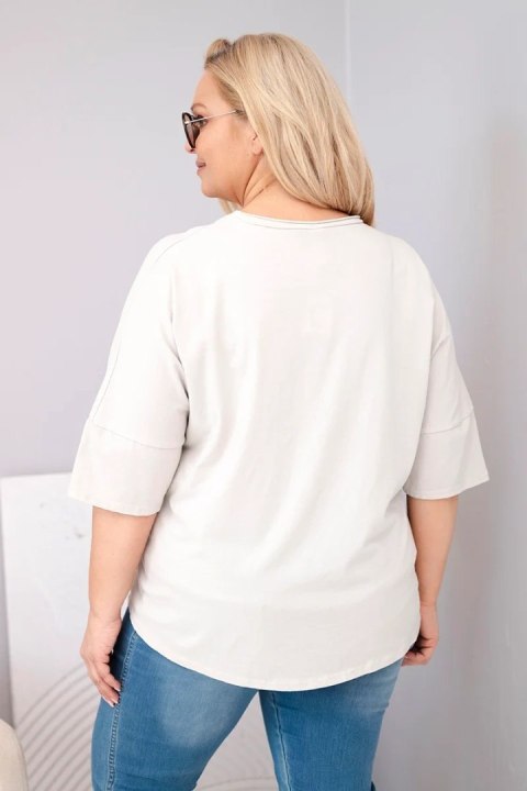Bluzka damska bawełniana oversize Plus Size z dekoltem V beżowa