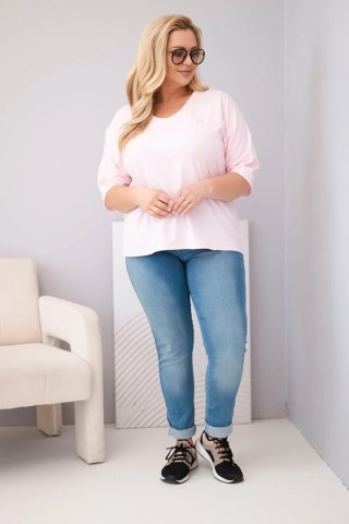 Bluzka damska bawełniana oversize Plus Size z dekoltem V cukierkowy róż