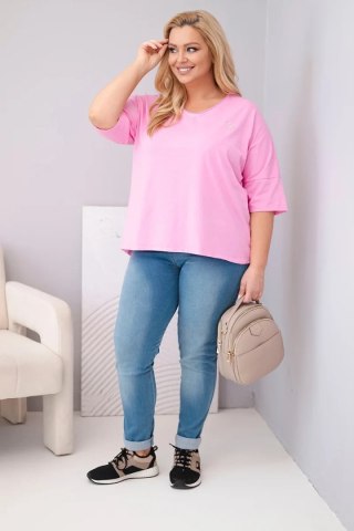 Bluzka damska bawełniana oversize Plus Size z dekoltem V jasno różowa
