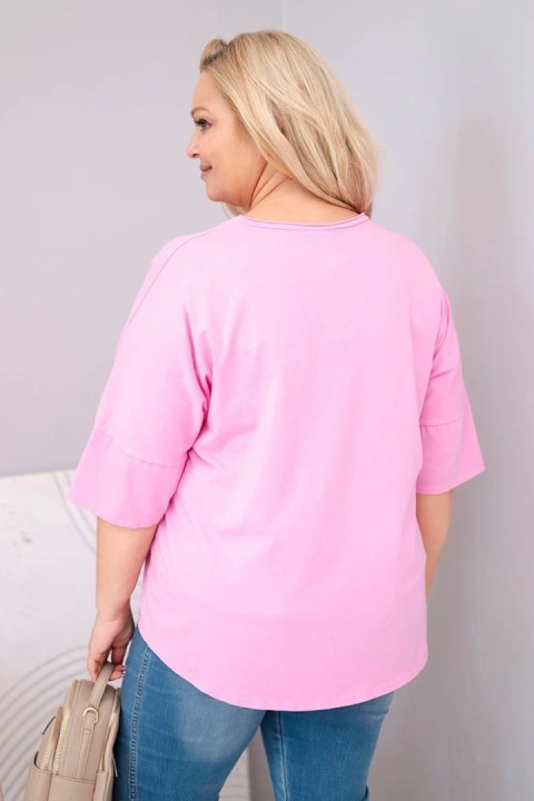 Bluzka damska bawełniana oversize Plus Size z dekoltem V jasno różowa