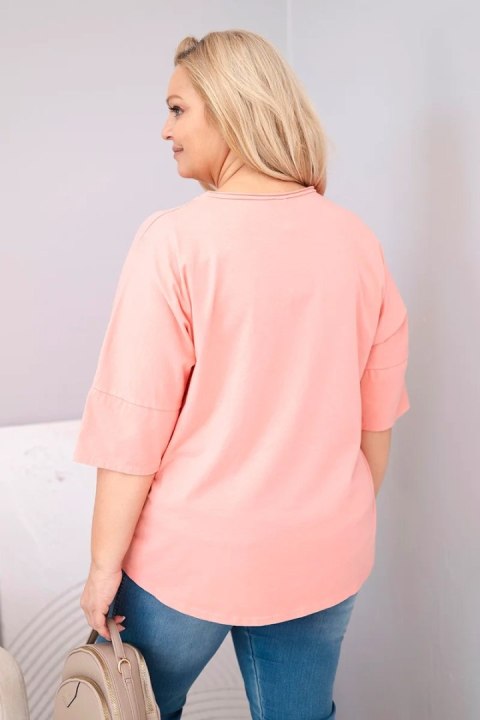 Bluzka damska bawełniana oversize Plus Size z dekoltem V morelowa