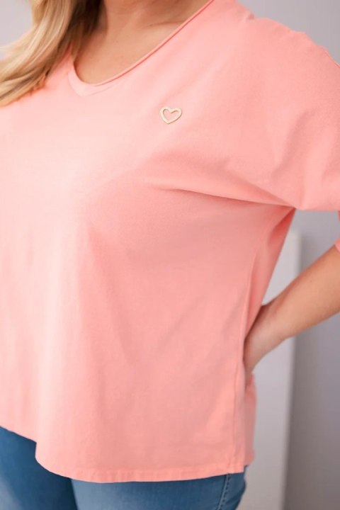 Bluzka damska bawełniana oversize Plus Size z dekoltem V morelowa