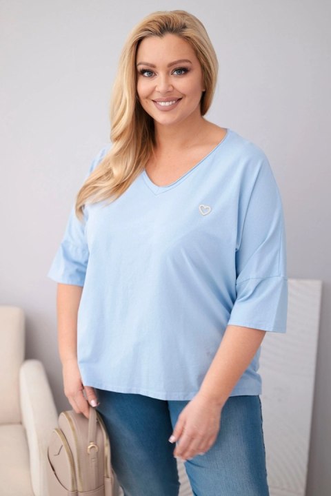 Bluzka damska bawełniana oversize Plus Size z dekoltem V niebieska