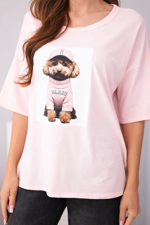 Bluzka damska bawełniana oversize z krótkim rękawem i nadrukiem cukierkowy róż