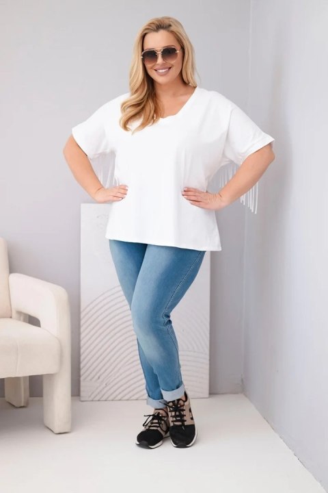 Bluzka damska bawełniana z dekoltem V i frędzlami na plecach biała