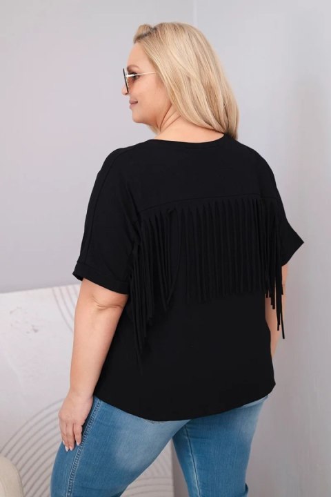 Bluzka damska bawełniana z dekoltem V i frędzlami na plecach czarna