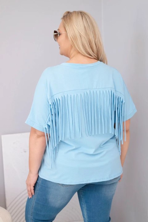 Bluzka damska bawełniana z dekoltem V i frędzlami na plecach niebieska