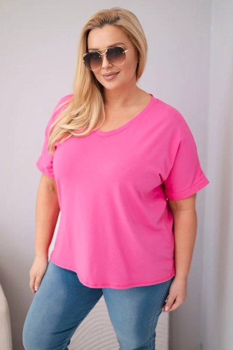 Bluzka damska bawełniana z dekoltem V i frędzlami na plecach różowa