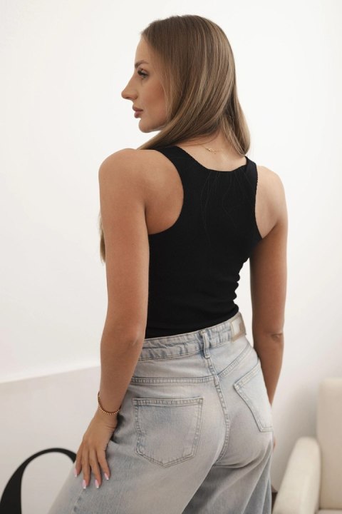 Bluzka damska prążkowana na ramiączkach z ozdobną naszywką czarna