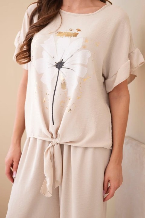 Komplet damski wiskozowy z bluzką z nadrukiem i spodniami beżowy