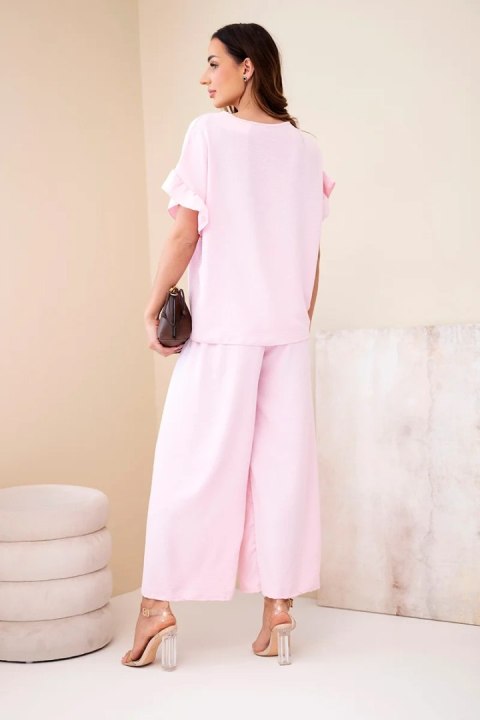 Komplet damski wiskozowy z bluzką z nadrukiem i spodniami cukierkowy róż