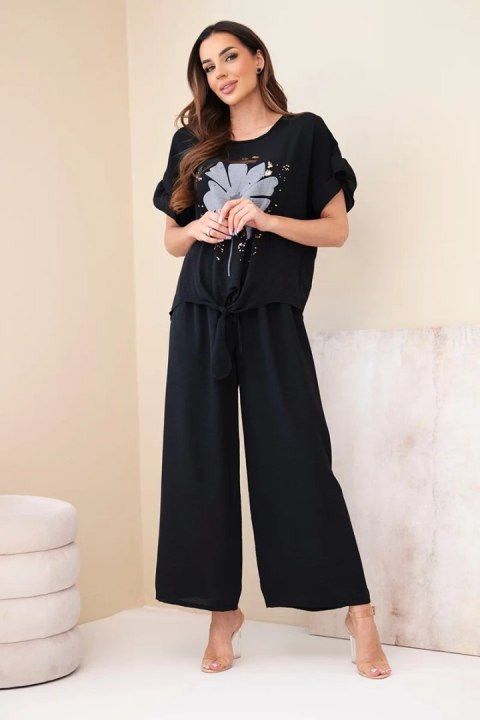 Komplet damski wiskozowy z bluzką z nadrukiem i spodniami czarny