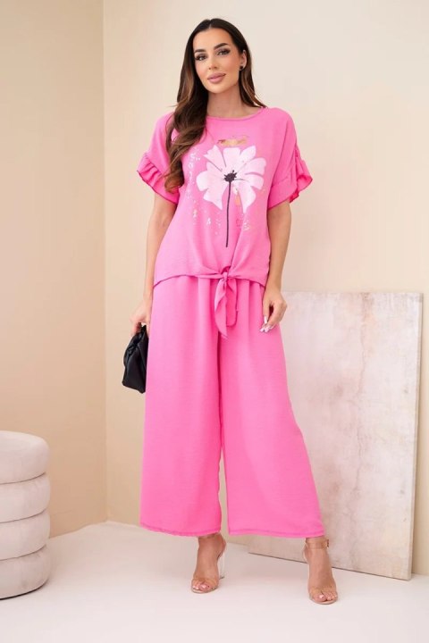 Komplet damski wiskozowy z bluzką z nadrukiem i spodniami jasny różowy