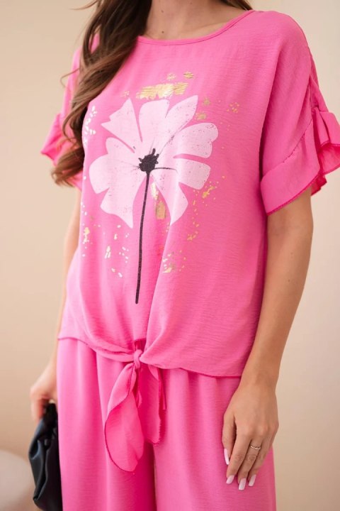 Komplet damski wiskozowy z bluzką z nadrukiem i spodniami jasny różowy