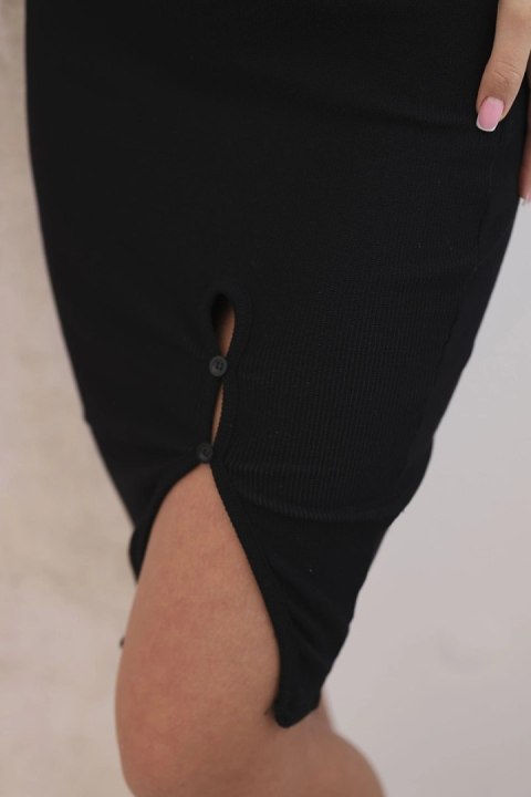 Spódnica damska bawełniana prążkowana z rozcięciem i ozdobnymi guzikamiczarna