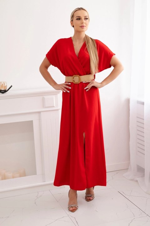 Sukienka długa z ozdobnym paskiem czerwona