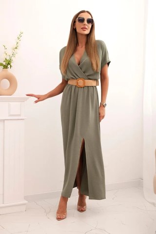 Sukienka długa z ozdobnym paskiem jasne khaki