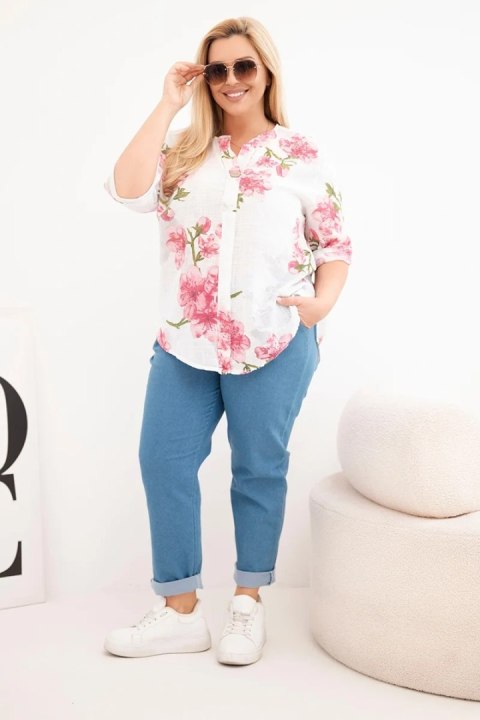 Bluzka damska bawełniana Plus Size z dekoltem V w kwiatowy wzór biała