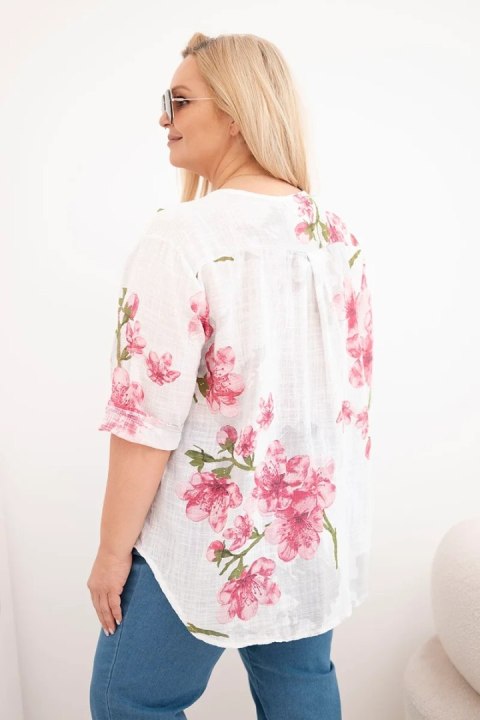 Bluzka damska bawełniana Plus Size z dekoltem V w kwiatowy wzór biała