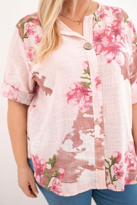 Bluzka damska bawełniana Plus Size z dekoltem V w kwiatowy wzór pudrowy róż