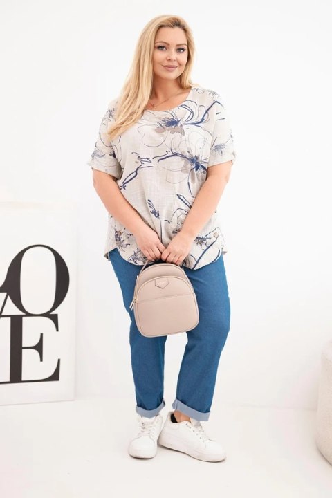 Bluzka damska bawełniana Plus Size z krótkim rękawem i kieszenią beżowa