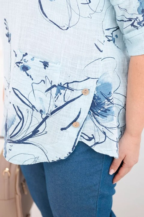 Bluzka damska bawełniana Plus Size z krótkim rękawem i kieszenią niebieska