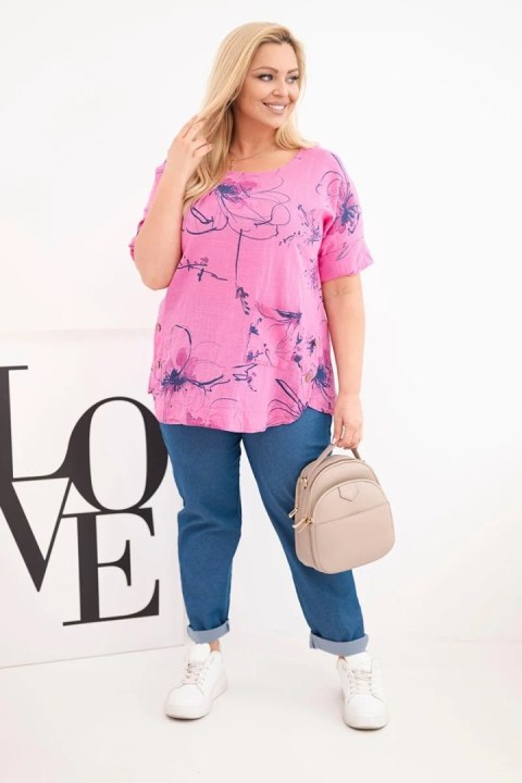 Bluzka damska bawełniana Plus Size z krótkim rękawem i kieszenią różowa