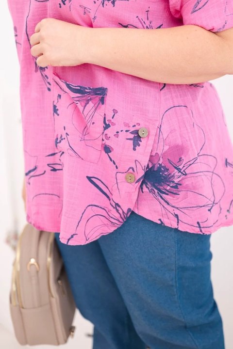 Bluzka damska bawełniana Plus Size z krótkim rękawem i kieszenią różowa