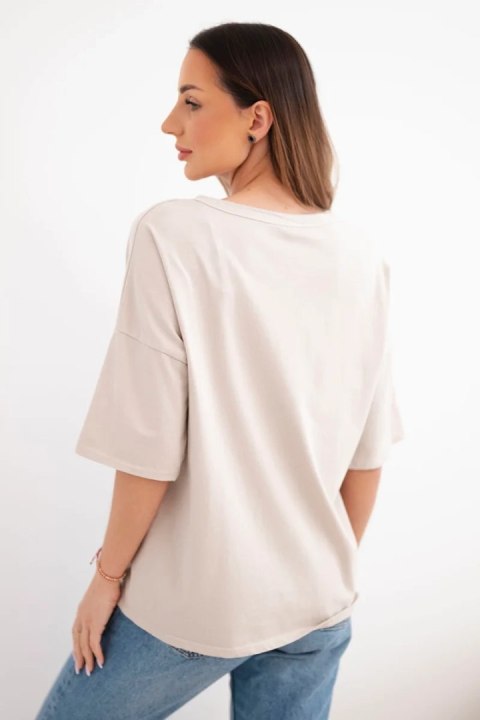 Bluzka damska bawełniana oversize z krótkim rękawem i modnym nadrukiem beżowa