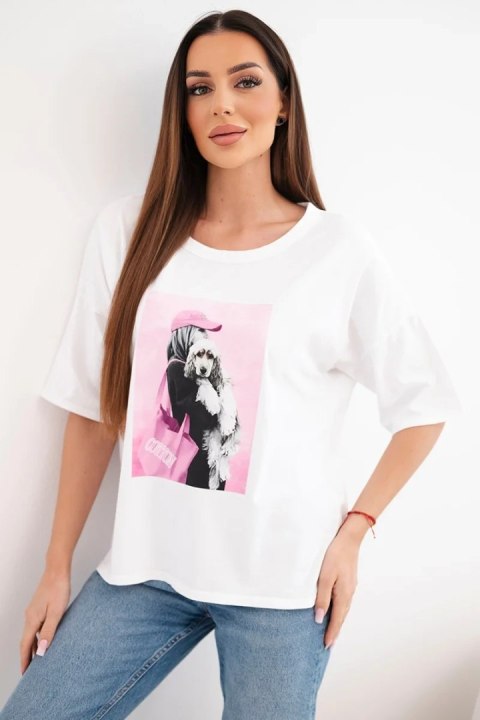 Bluzka damska bawełniana oversize z krótkim rękawem i modnym nadrukiem biała