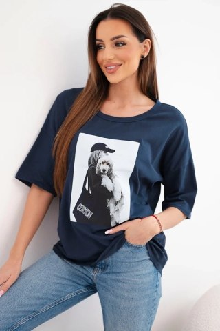 Bluzka damska bawełniana oversize z krótkim rękawem i modnym nadrukiem granatowa