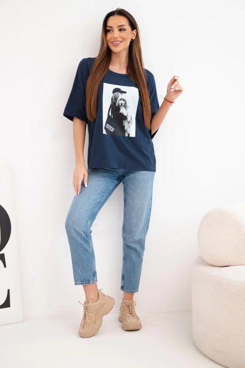 Bluzka damska bawełniana oversize z krótkim rękawem i modnym nadrukiem granatowa