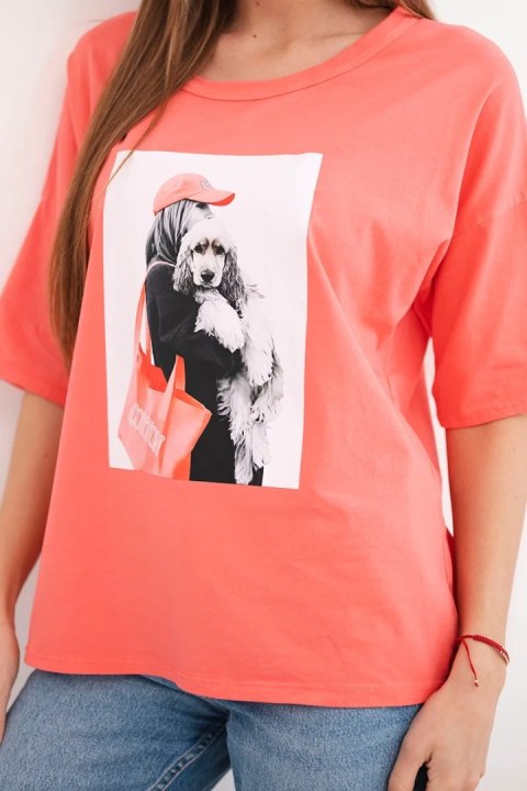 Bluzka damska bawełniana oversize z krótkim rękawem i modnym nadrukiem morelowa