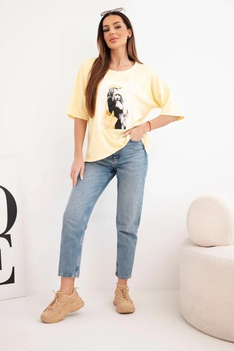 Bluzka damska bawełniana oversize z krótkim rękawem i modnym nadrukiem żółta