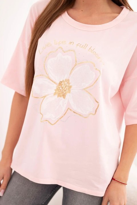 Bluzka damska bawełniana oversize z kwiatowym nadrukiem cukierkowy róż