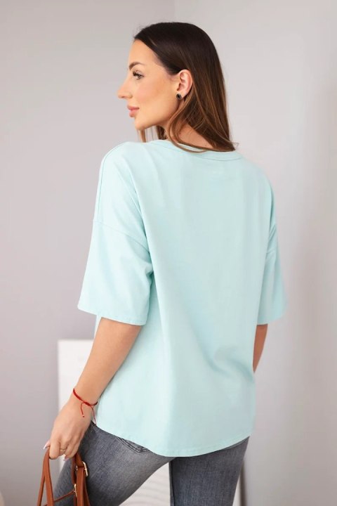 Bluzka damska bawełniana oversize z nadrukiem "Dog Fashion" ciemno miętowa