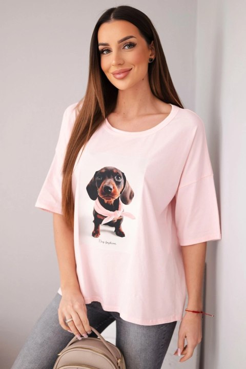 Bluzka damska bawełniana oversize z nadrukiem "Dog Fashion" cukierkowy róż